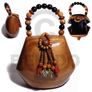 collectible handcarved laminated acacia  wood handbag  / jelou natural 6inx7inx4in / handle ht: 3.5in. /  black satin inner lining -