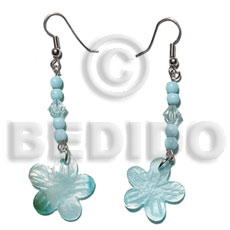 dangling 20mm aqua blue hammershell flower  bone beads/acrylic crystals -