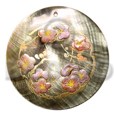 round 40mm blacklip  handpainted design - floral/embossed hand painted using japanese materials in the form of maki-e art a traditional japanese form of hand painting -