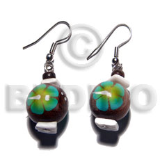 dangling 15mm robles round wood beads  handpainted flower and white rose combinationnation - Hand Painted Earrings