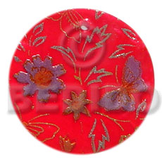 round 35mm  red hammershell / handpainted design - floral/embossed hand painted using japanese materials in the form of maki-e art a traditional japanese form of hand painting -