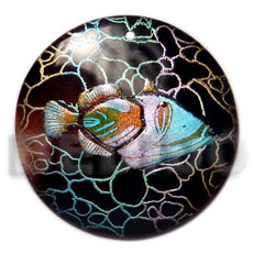 round 40mm blacktab  handpainted design - fish / embossed hand painted using japanese materials in the form of maki-e art a traditional japanese form of hand painting -
