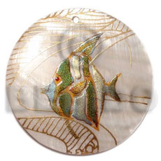 round 40mm hammershell  handpainted design - fish /embossed hand painted using japanese materials in the form of maki-e art a traditional japanese form of hand painting -