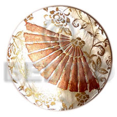 round 40mm hammershell  handpainted design - fan / embossed hand painted using japanese materials in the form of maki-e art a traditional japanese form of hand painting -