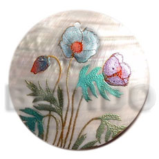 round 50mm kabibe shell  handpainted design - floral / embossed hand painted using japanese materials in the form of maki-e art a traditional japanese form of hand painting -